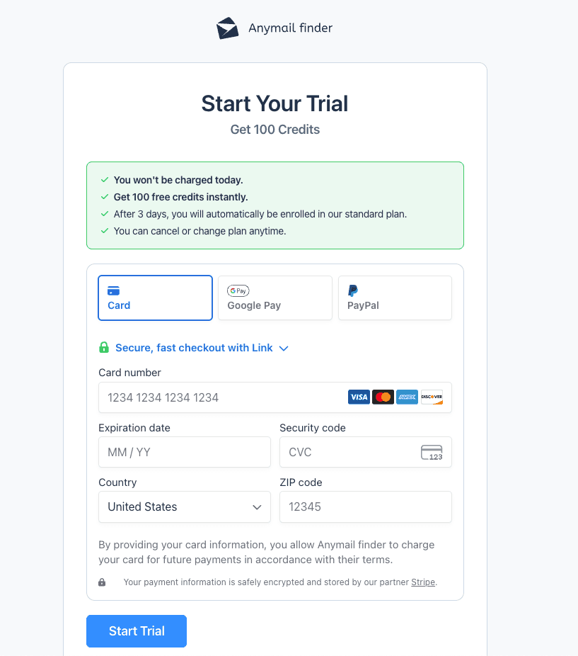 Anymail Finder trial mechanics showing improved conversion flow