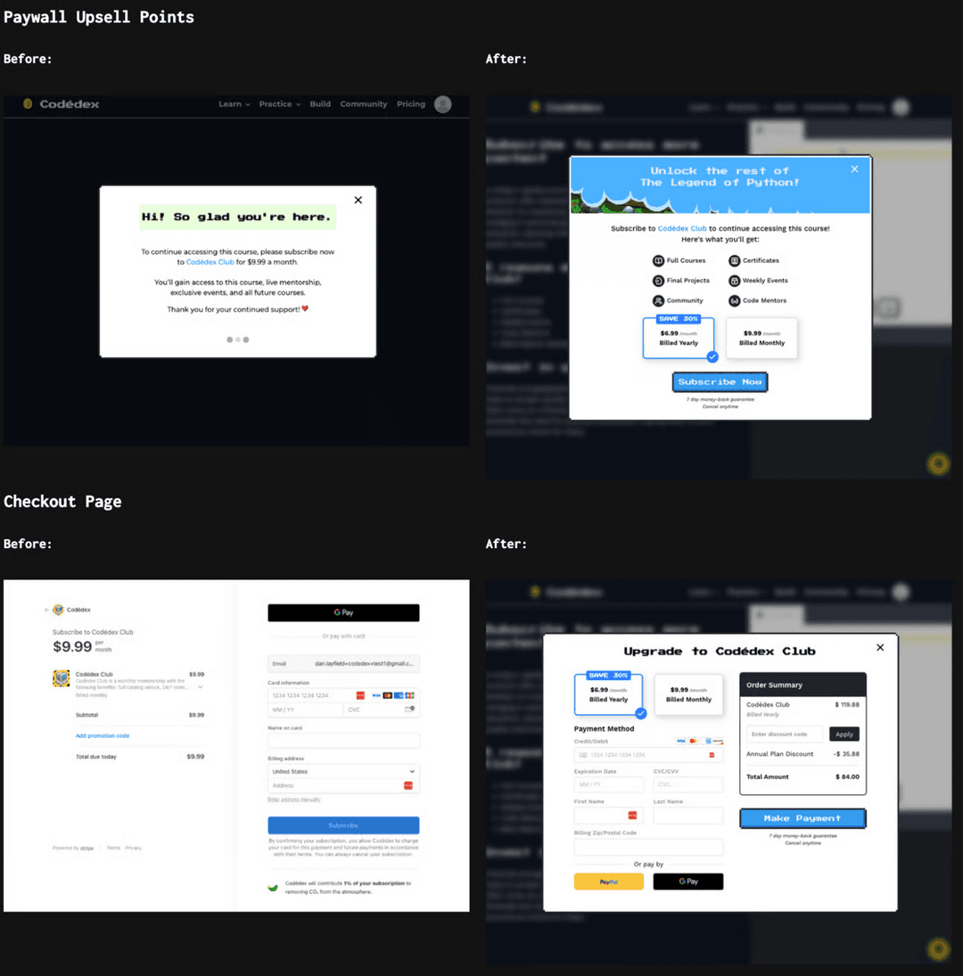 Before and after comparison of Codédex paywall upsell and checkout page redesign showing improved clarity and conversion focus
